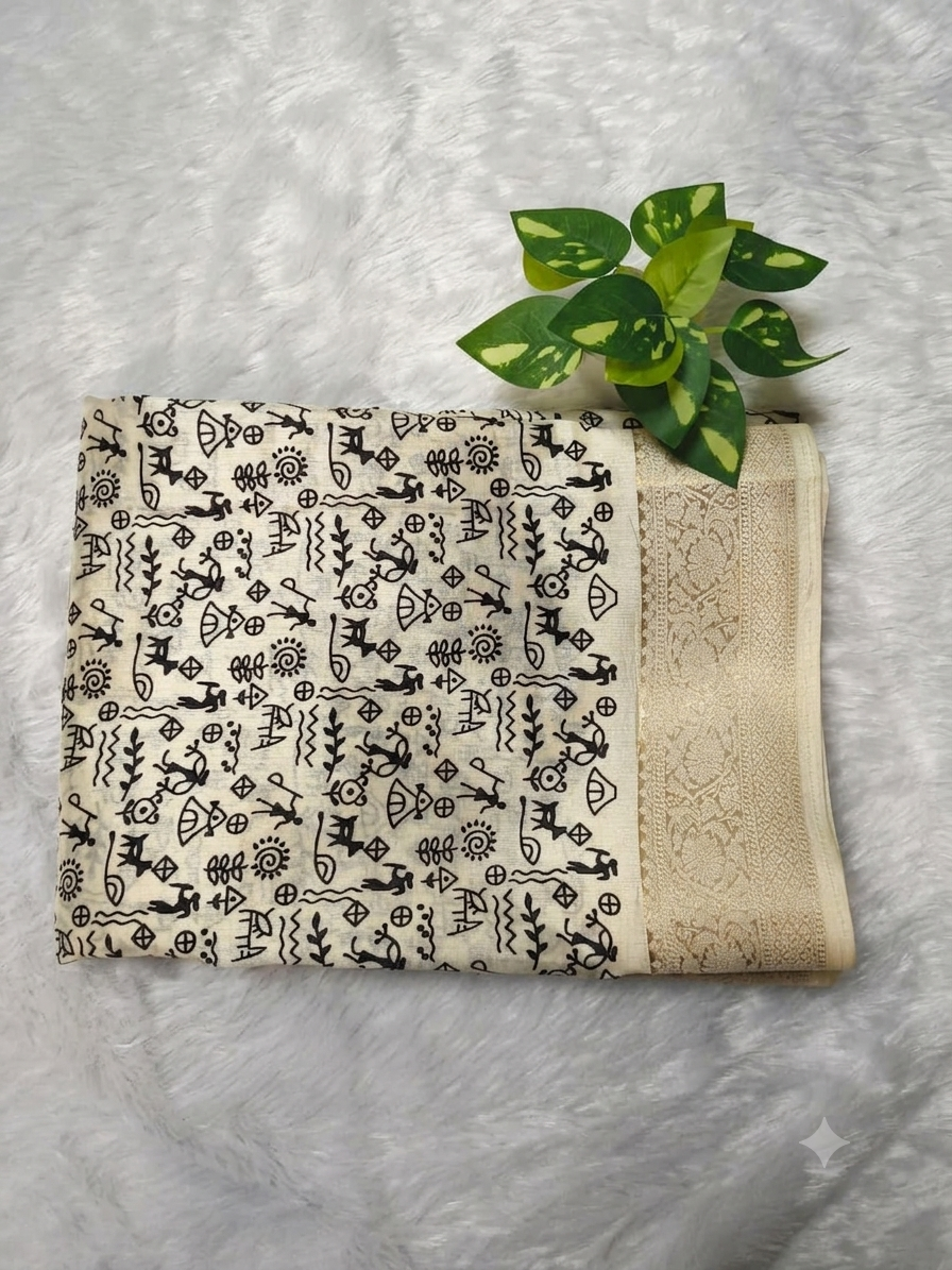 Warli Print Modal Silk Saree — Cream | Gold Zari Border | Tribal Folk Art