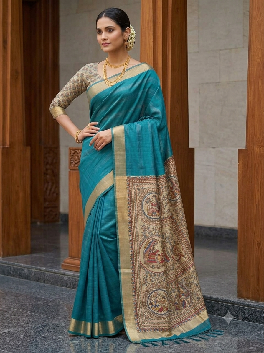 Modal Silk Madhubani Print Saree — Peacock Blue | With Blouse Piece