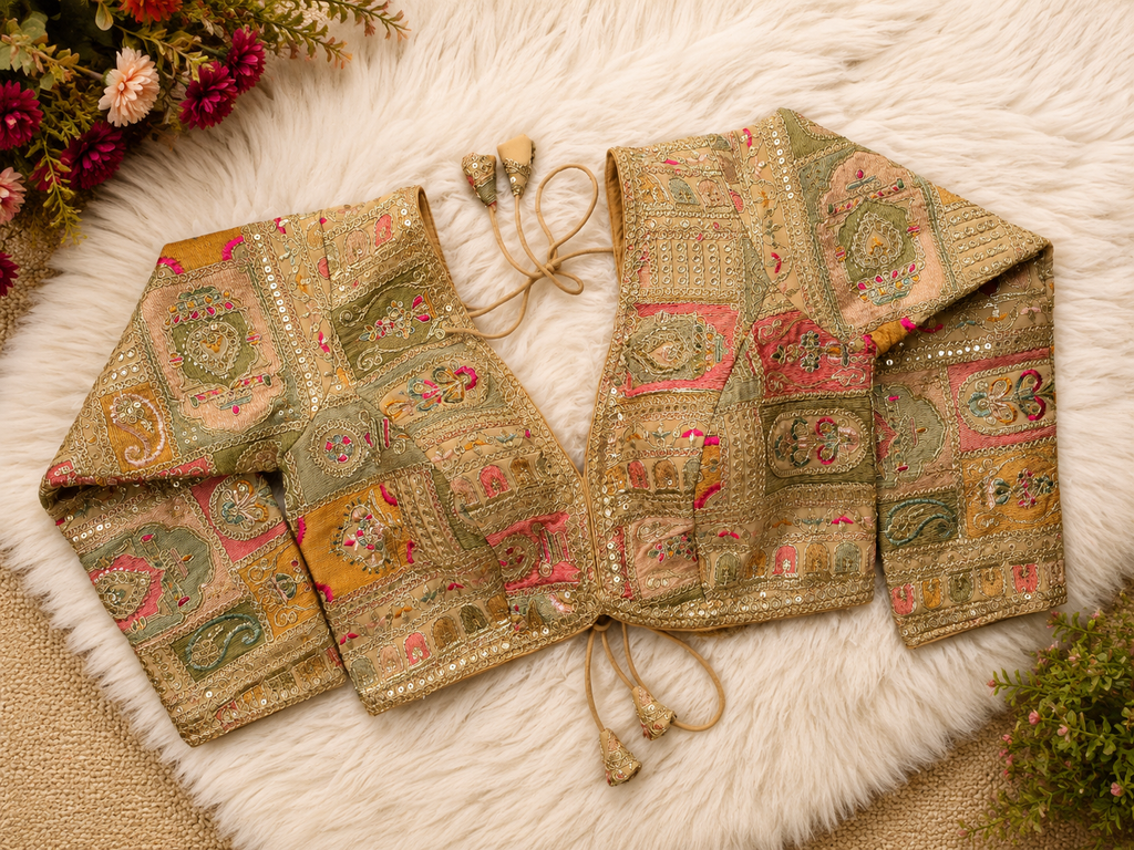 Silk Patchwork Embroidery Designer Blouse — Full Sleeve | 9 Colours | Readymade