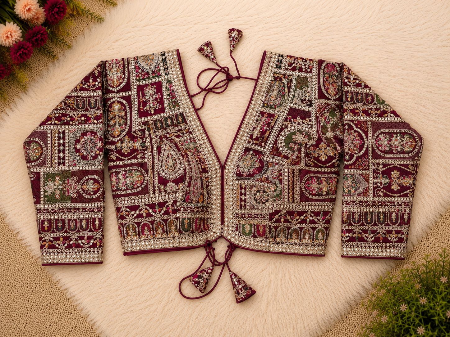Silk Patchwork Embroidery Designer Blouse — Full Sleeve | 9 Colours | Readymade