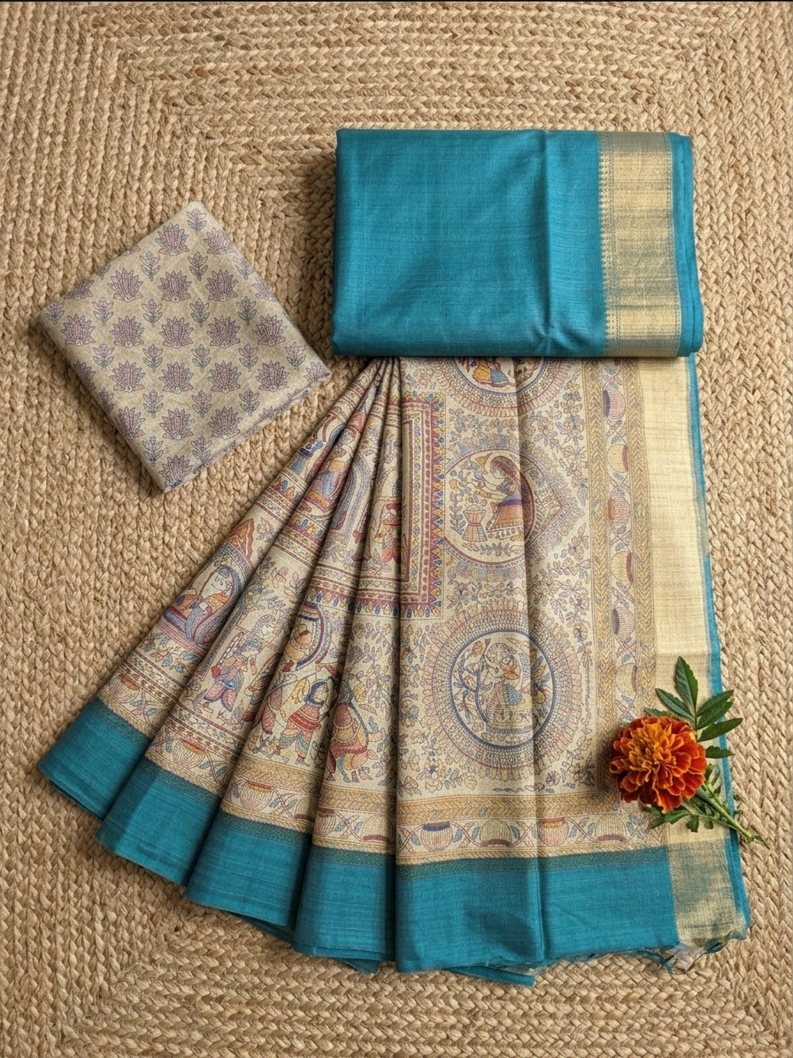 Modal Silk Madhubani Print Saree — Peacock Blue | With Blouse Piece