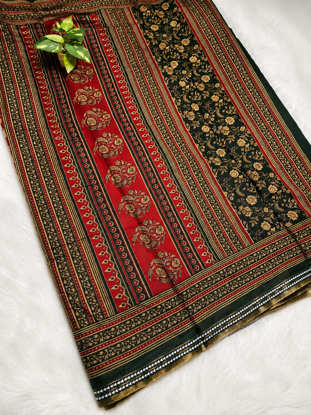 Mul Cotton Saree — Maroon Ajrakh Block Print with Bottle Green Border | With Blouse Piece