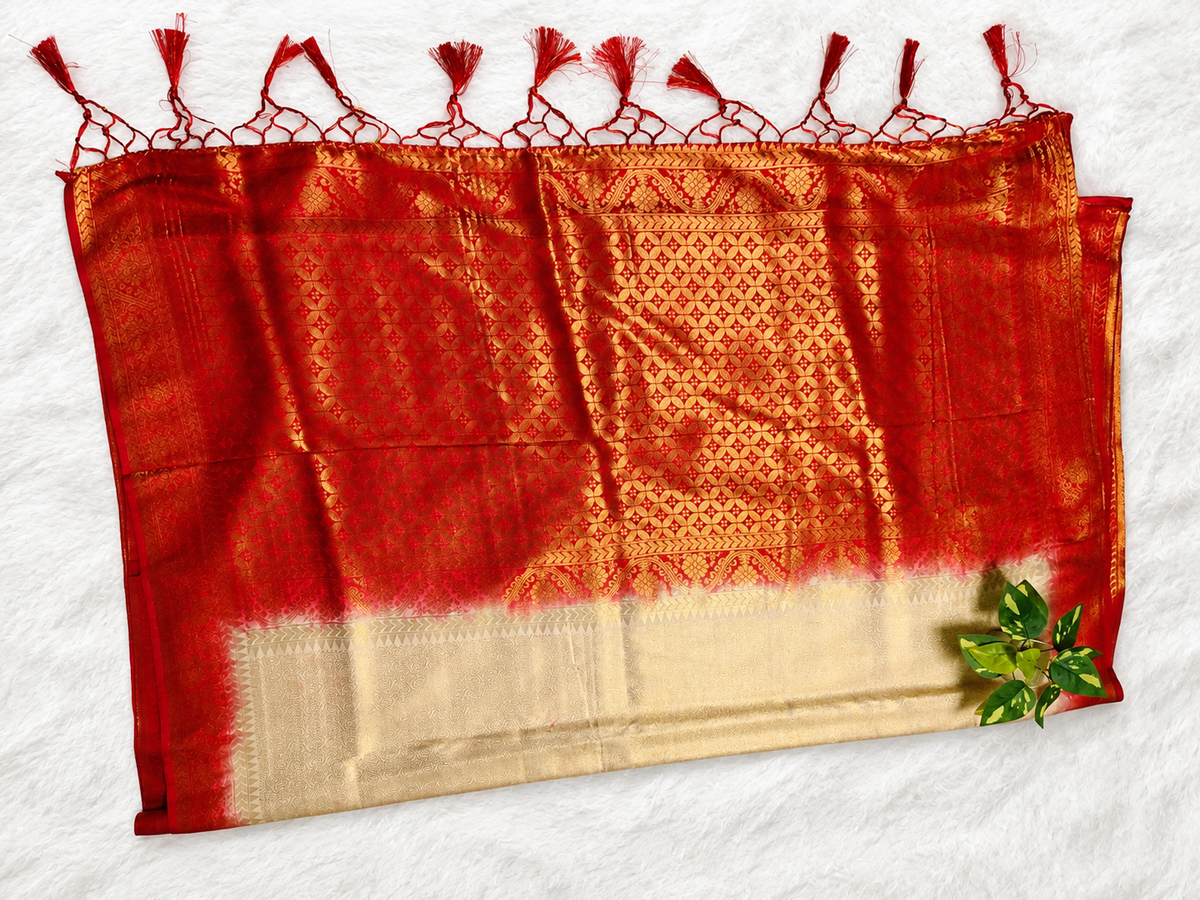 Soft Silk Kanjeevaram Style Saree — Beige with Red Zari Border | With Blouse Piece