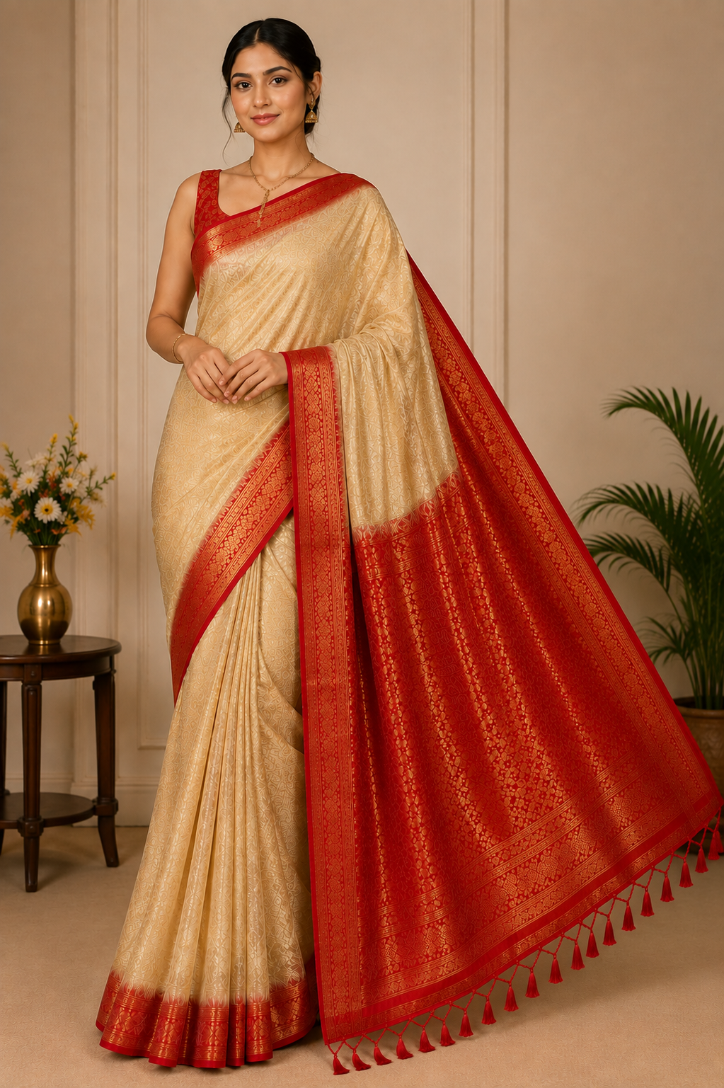 Soft Silk Kanjeevaram Style Saree — Beige with Red Zari Border | With Blouse Piece