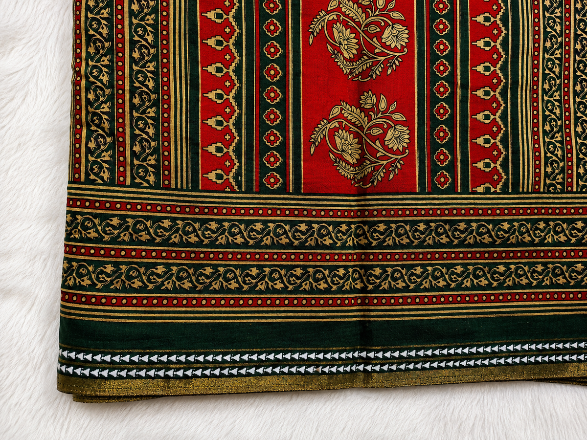 Mul Cotton Saree — Maroon Ajrakh Block Print with Bottle Green Border | With Blouse Piece