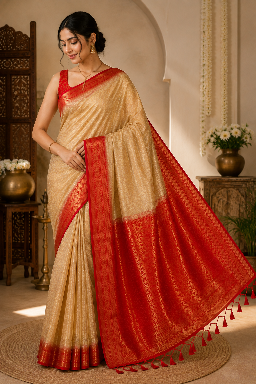 Soft Silk Kanjeevaram Style Saree — Beige with Red Zari Border | With Blouse Piece