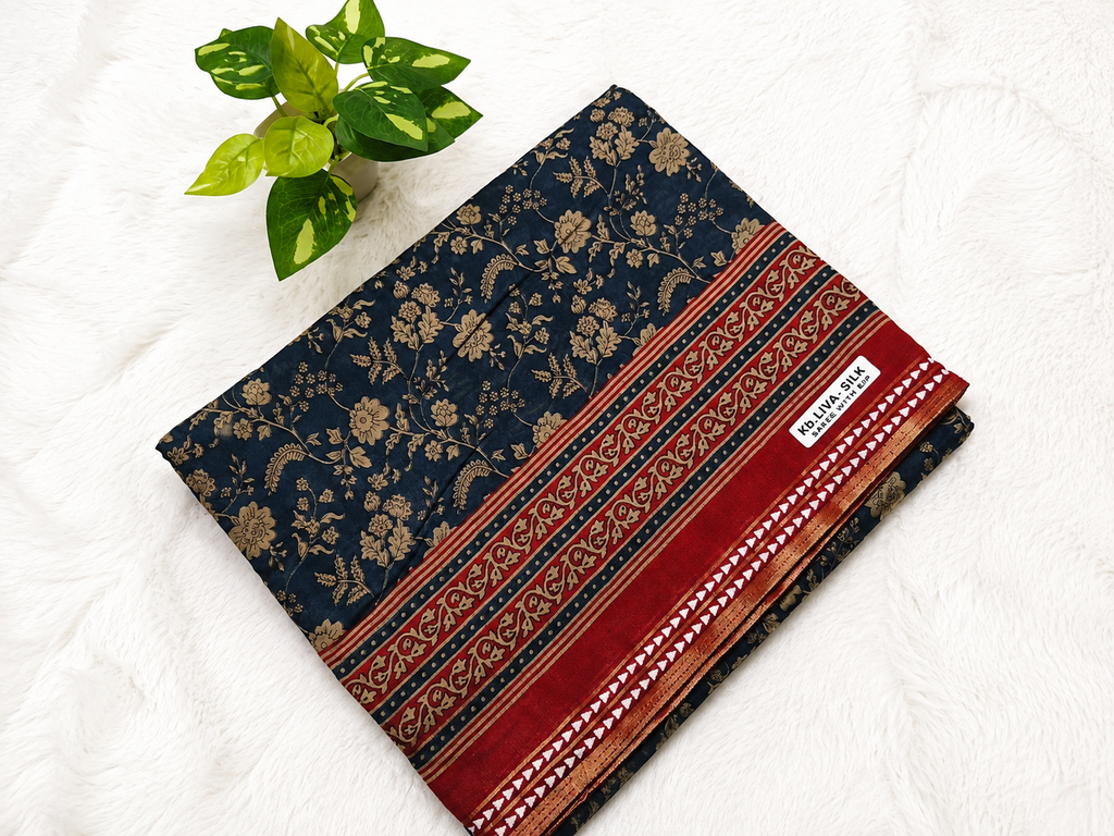 Mul Cotton Saree — Navy Blue Ajrakh Block Print | With Blouse Piece