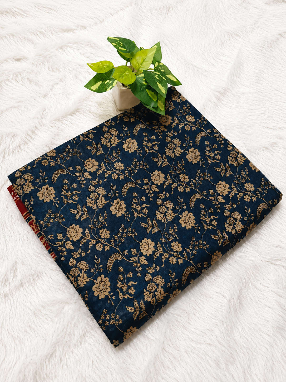 Mul Cotton Saree — Navy Blue Ajrakh Block Print | With Blouse Piece