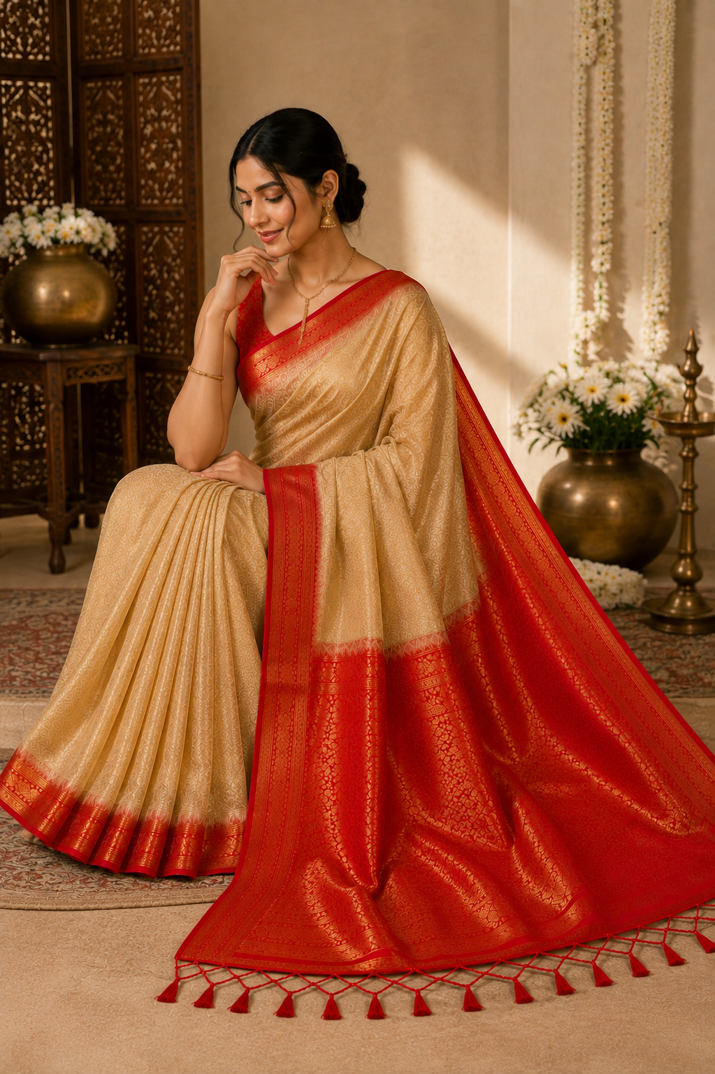 Soft Silk Kanjeevaram Style Saree — Beige with Red Zari Border | With Blouse Piece