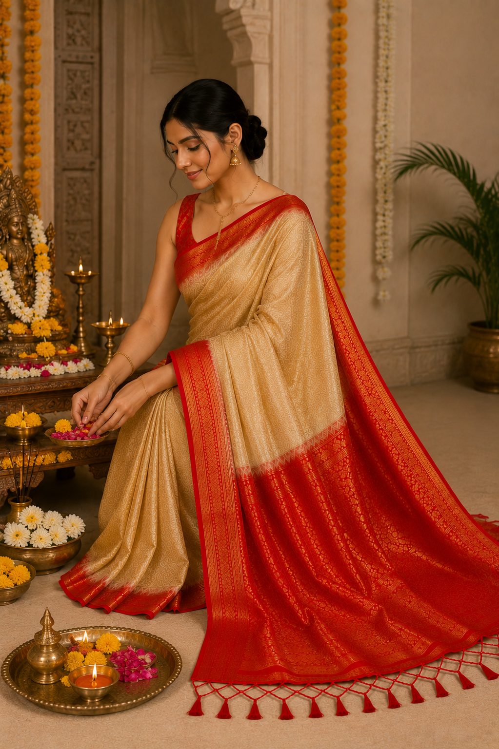 Soft Silk Kanjeevaram Style Saree — Beige with Red Zari Border | With Blouse Piece