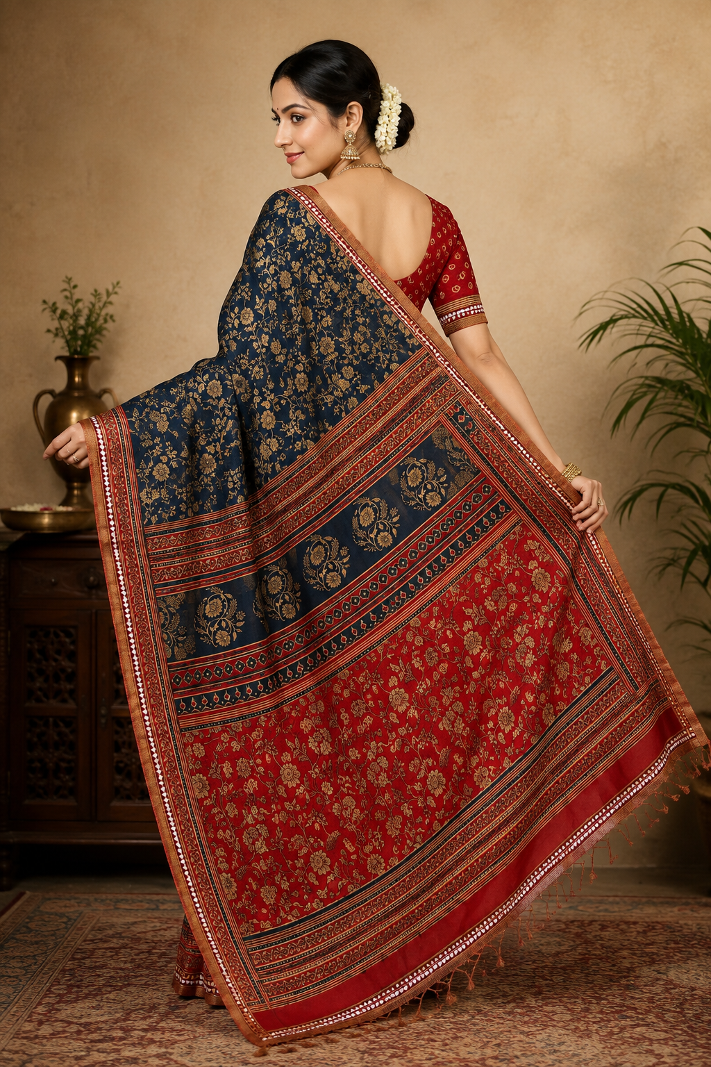 Mul Cotton Saree — Navy Blue Ajrakh Block Print | With Blouse Piece