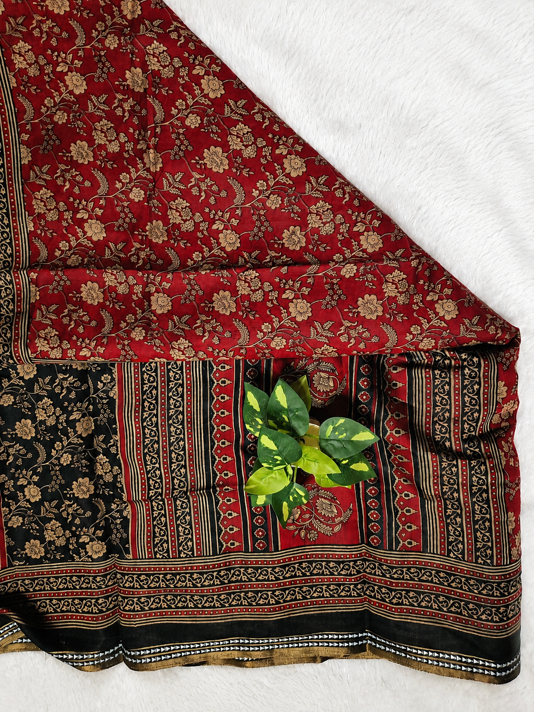 Mul Cotton Saree — Maroon Ajrakh Block Print with Bottle Green Border | With Blouse Piece