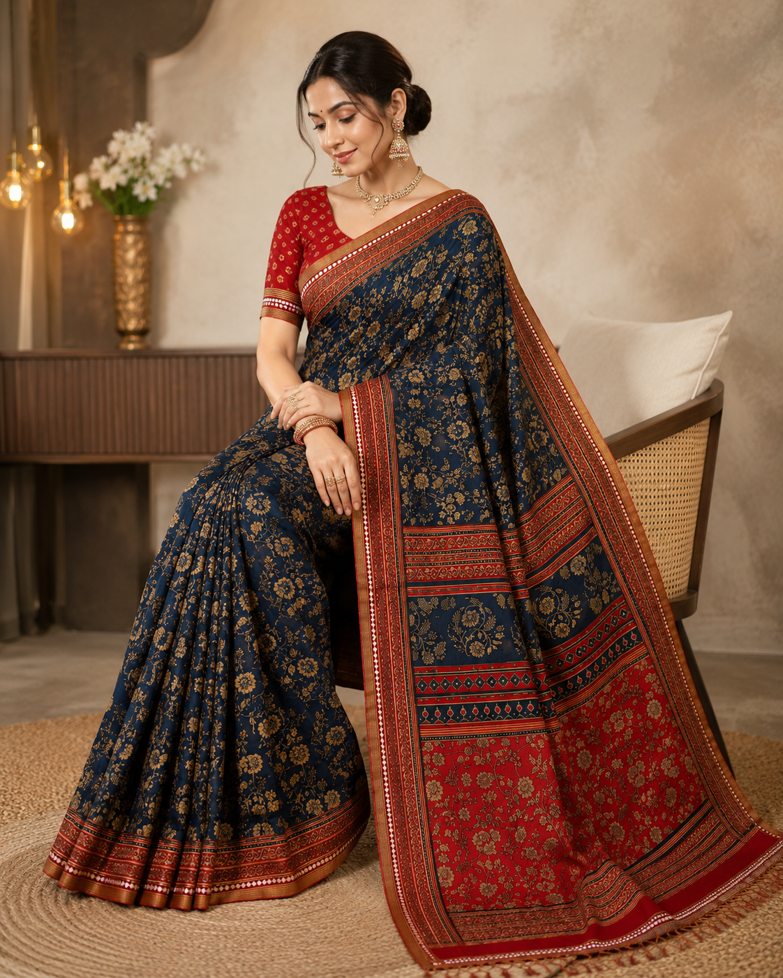 Mul Cotton Saree — Navy Blue Ajrakh Block Print | With Blouse Piece