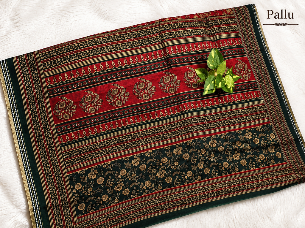 Mul Cotton Saree — Maroon Ajrakh Block Print with Bottle Green Border | With Blouse Piece