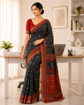 Mul Cotton Saree — Navy Blue Ajrakh Block Print | With Blouse Piece