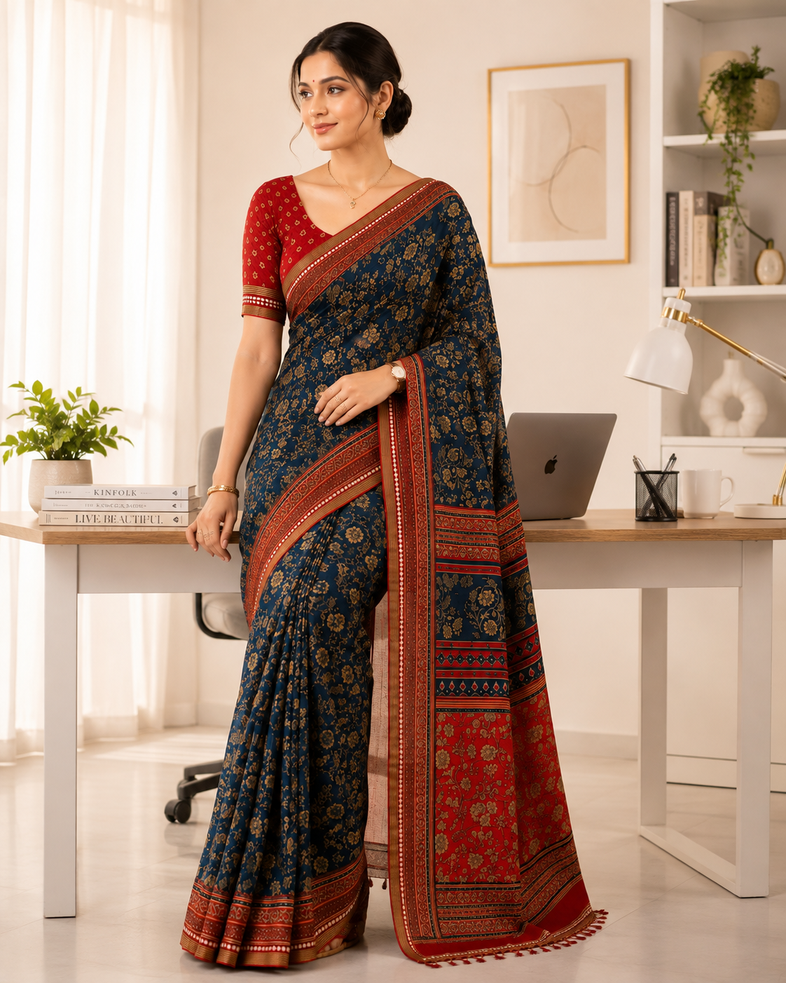 Mul Cotton Saree — Navy Blue Ajrakh Block Print | With Blouse Piece