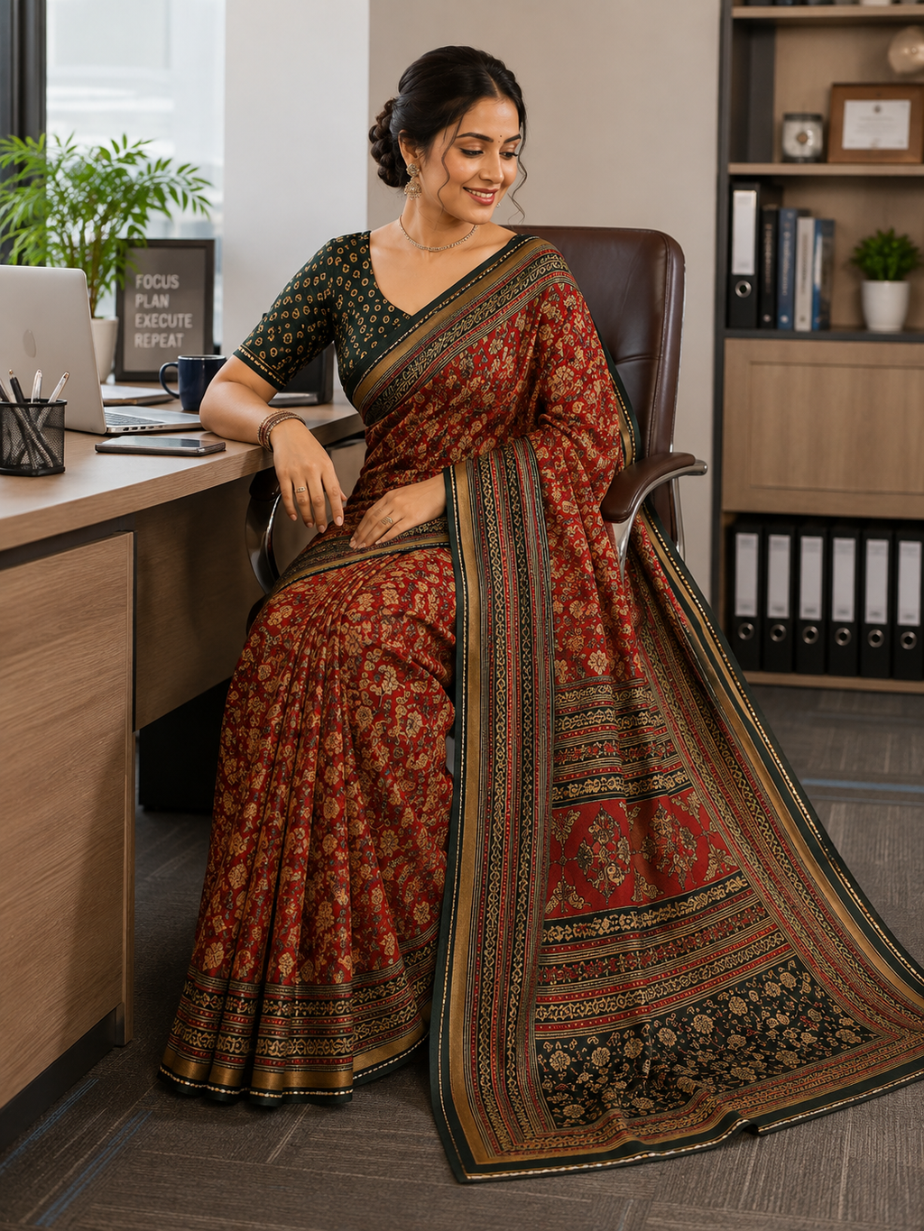 Mul Cotton Saree — Maroon Ajrakh Block Print with Bottle Green Border | With Blouse Piece