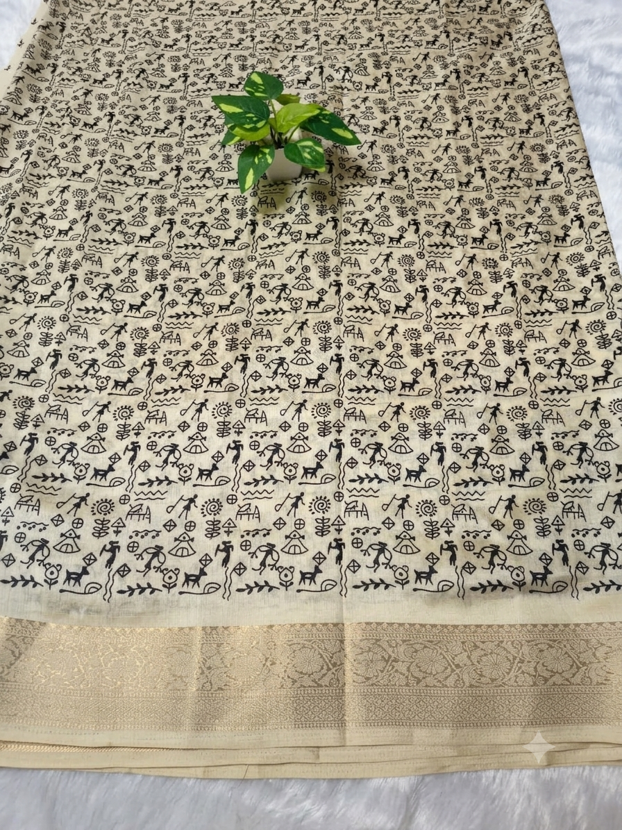 Warli Print Modal Silk Saree — Cream | Gold Zari Border | Tribal Folk Art