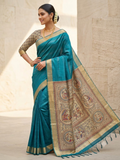 Modal Silk Madhubani Print Saree — Peacock Blue | With Blouse Piece