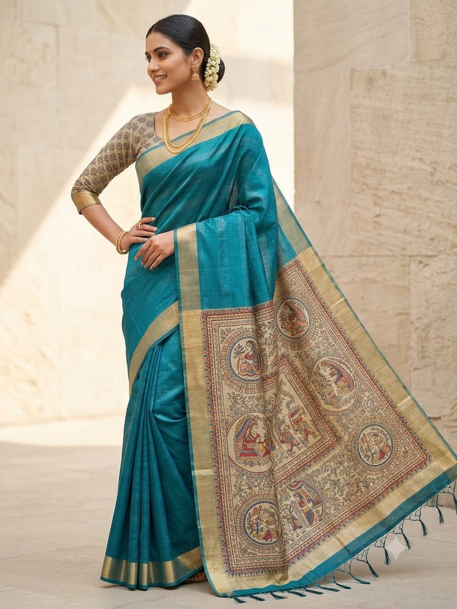Modal Silk Madhubani Print Saree — Peacock Blue | With Blouse Piece