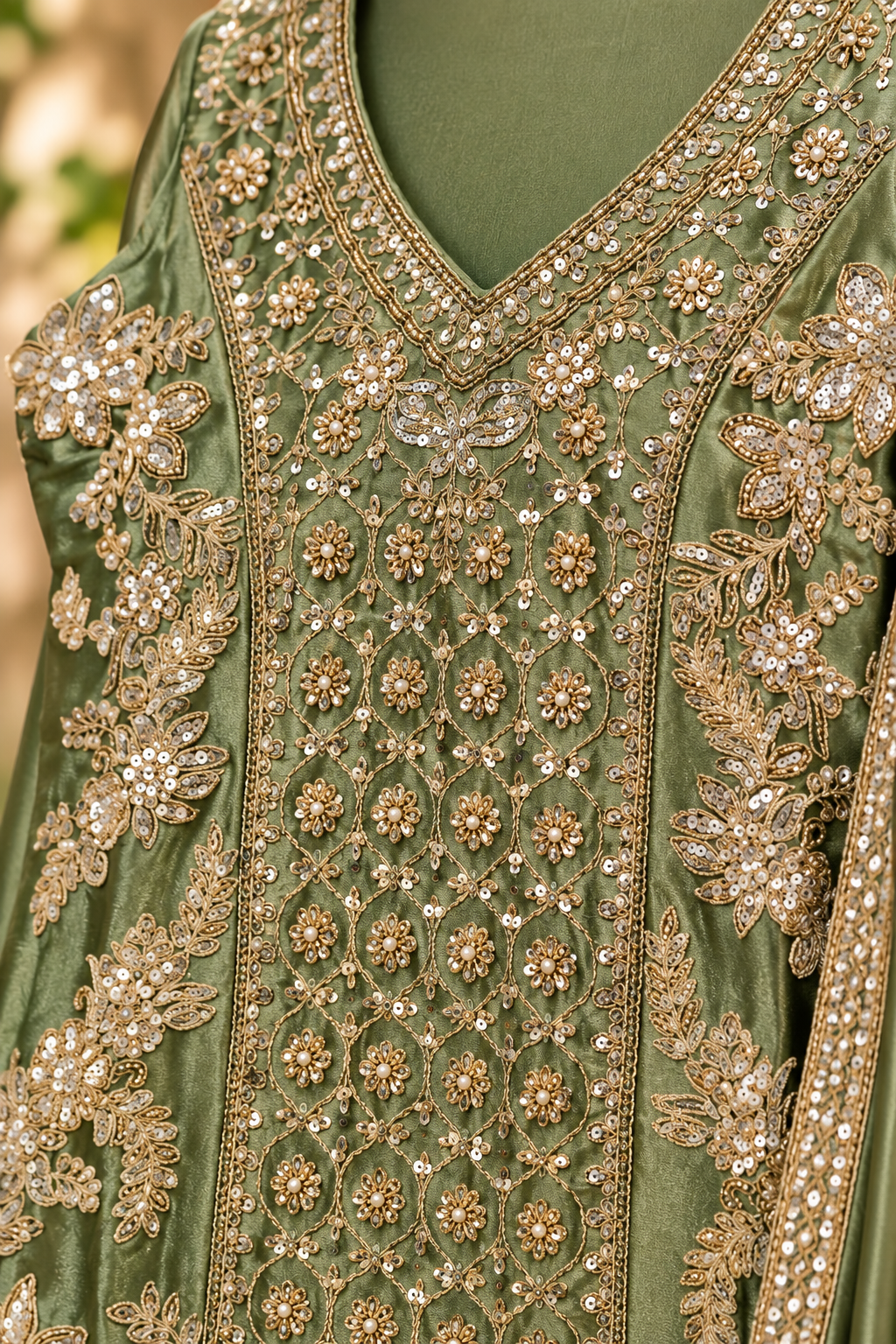 Olive Green Zari & Sequin Embroidered Palazzo Suit Set
