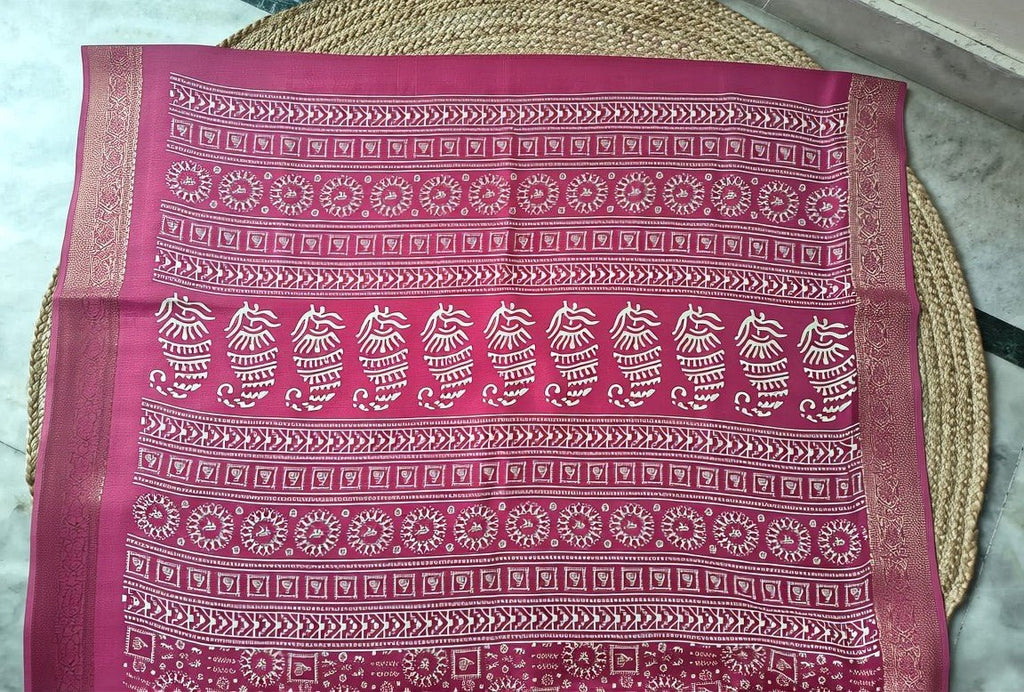 Warli Tribal Art Modal Silk Saree with Gold Banarasi Zari Border | Soft Modal Silk | Unstitched Blouse Included | 6 Colors