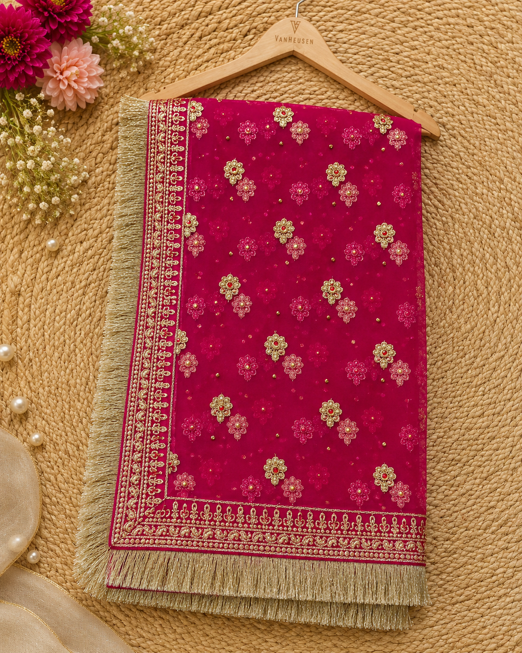 Magenta Pink Zardozi Bridal Dupatta — Handcrafted Net Dupatta with Gold Embroidery & Fringe