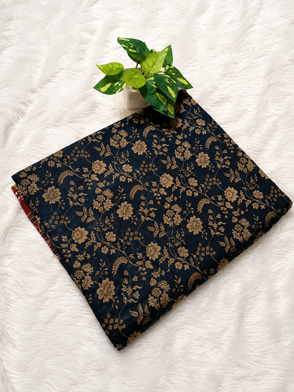Mul Cotton Saree — Navy Blue Ajrakh Block Print | With Blouse Piece