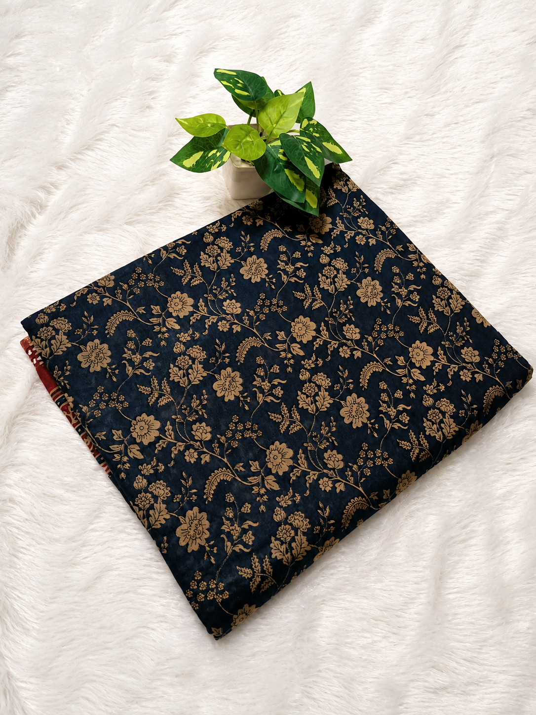 Mul Cotton Saree — Navy Blue Ajrakh Block Print | With Blouse Piece