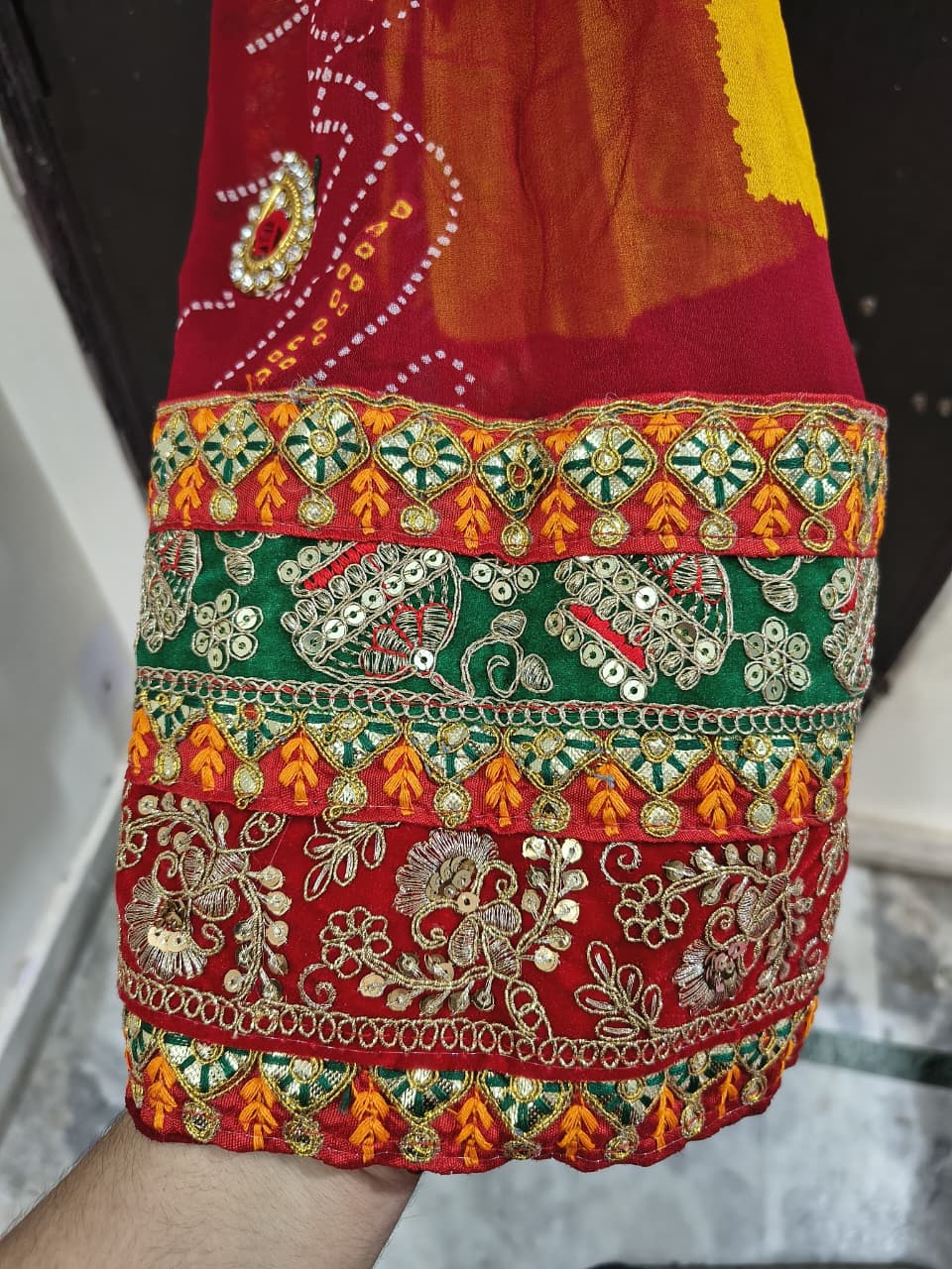 Rajasthani Bandhani Brooch Dupatta with Peacock Embroidery & Gota Patti Work
