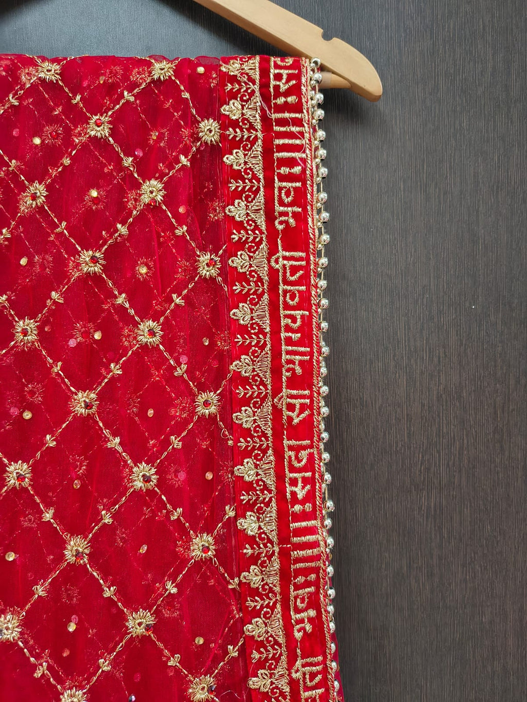 Red Bridal Net Dupatta with Gold Zardozi Jaal Work | Sada Saubhagyavati Bhava Sanskrit Border | Wedding Dupatta with Ghungroo Lace | 2.5m