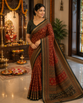 Mul Cotton Saree — Maroon Ajrakh Block Print with Bottle Green Border | With Blouse Piece