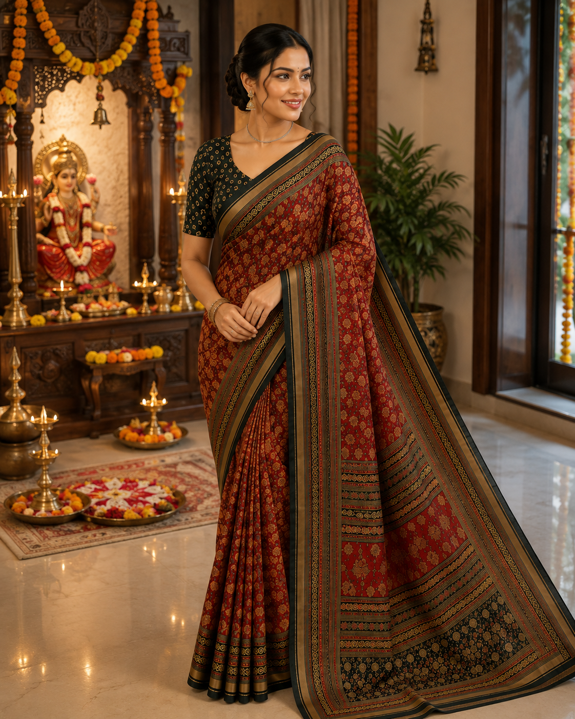 Mul Cotton Saree — Maroon Ajrakh Block Print with Bottle Green Border | With Blouse Piece