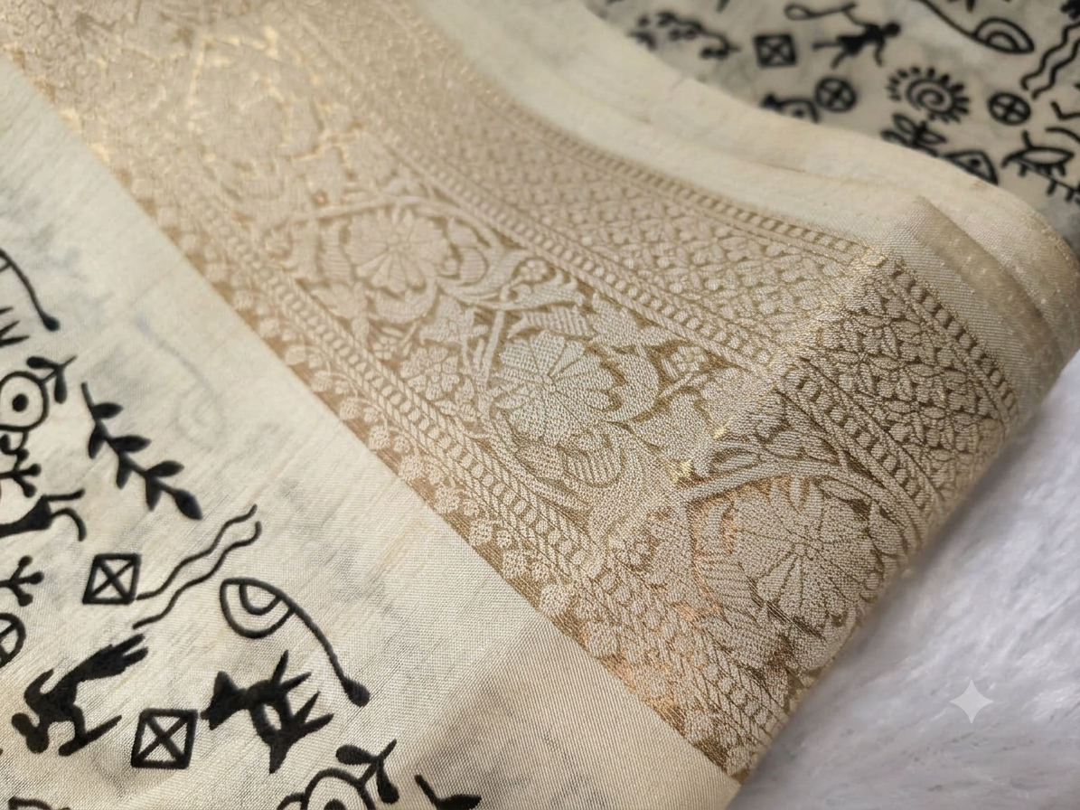 Warli Print Modal Silk Saree — Cream | Gold Zari Border | Tribal Folk Art