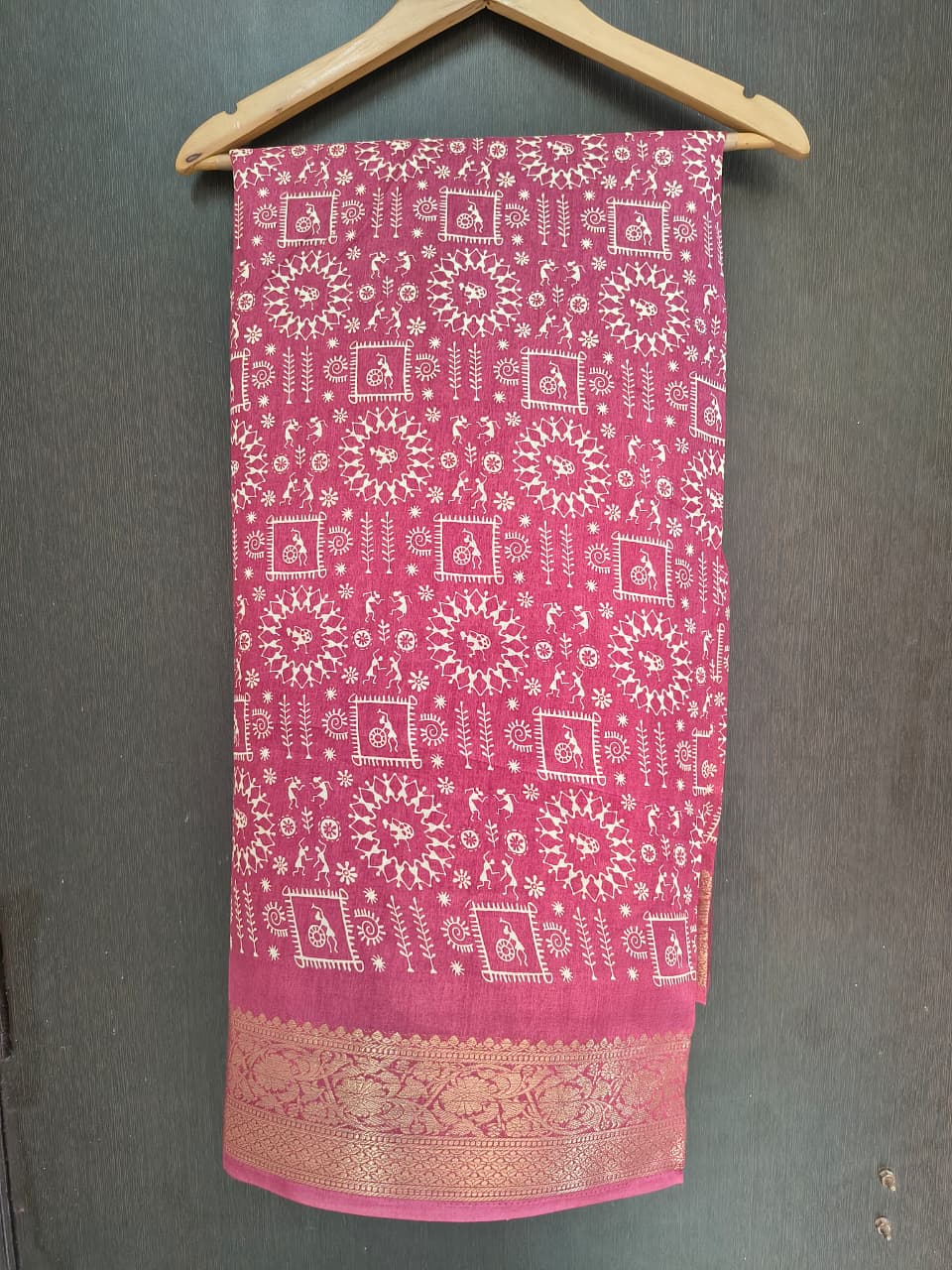 Warli Tribal Art Modal Silk Saree with Gold Banarasi Zari Border | Soft Modal Silk | Unstitched Blouse Included | 6 Colors