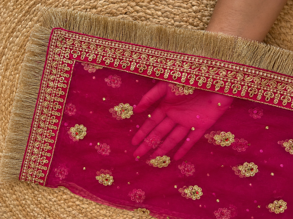 Magenta Pink Zardozi Bridal Dupatta — Handcrafted Net Dupatta with Gold Embroidery & Fringe
