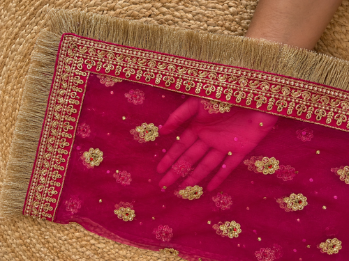 Magenta Pink Zardozi Bridal Dupatta — Handcrafted Net Dupatta with Gold Embroidery & Fringe
