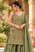 Olive Green Zari & Sequin Embroidered Palazzo Suit Set