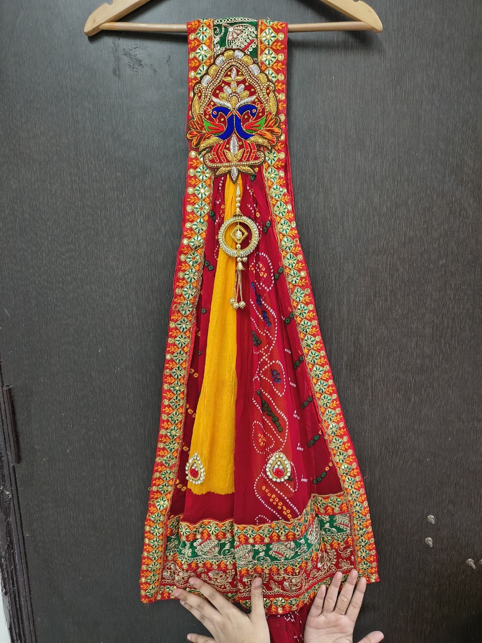 Rajasthani Bandhani Brooch Dupatta with Peacock Embroidery & Gota Patti Work