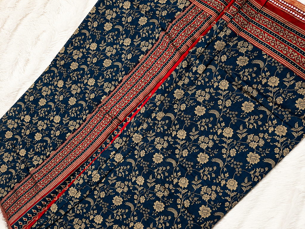Mul Cotton Saree — Navy Blue Ajrakh Block Print | With Blouse Piece