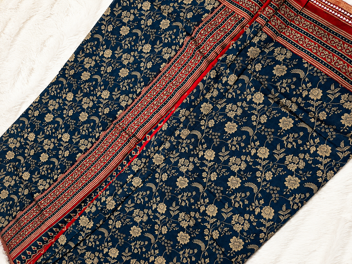 Mul Cotton Saree — Navy Blue Ajrakh Block Print | With Blouse Piece