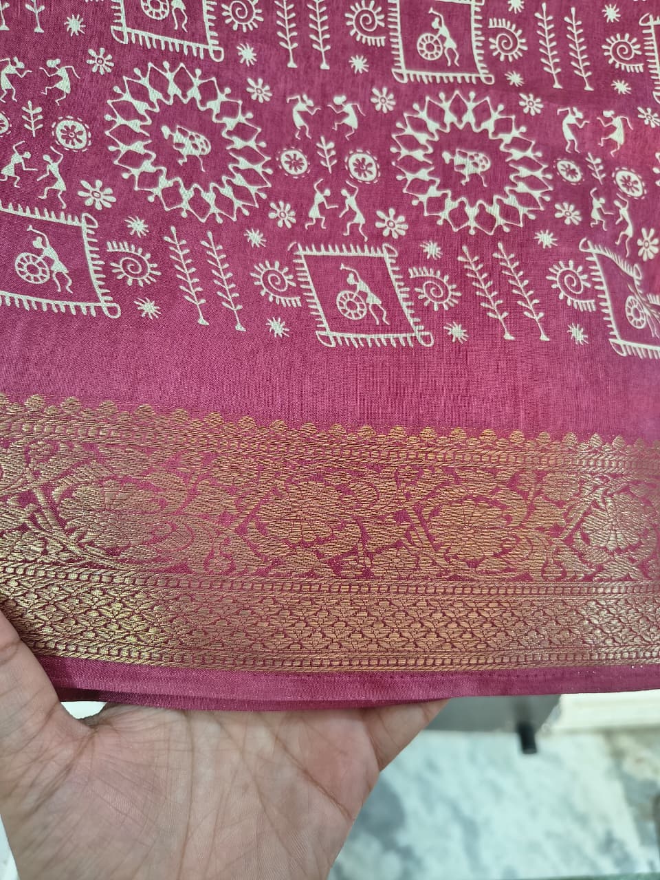 Warli Tribal Art Modal Silk Saree with Gold Banarasi Zari Border | Soft Modal Silk | Unstitched Blouse Included | 6 Colors