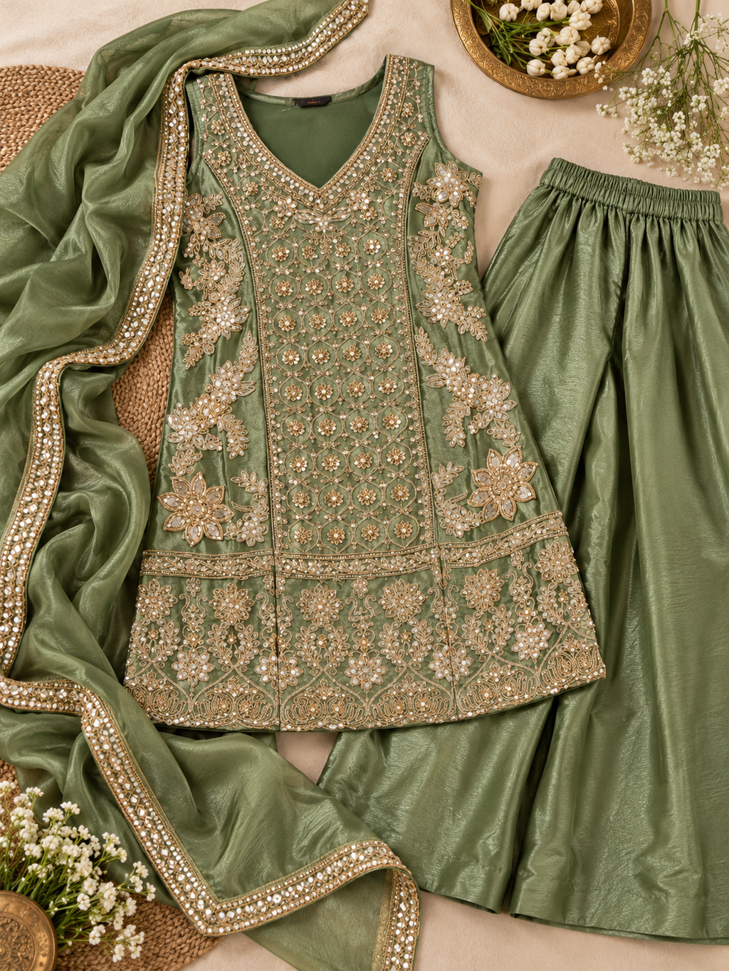 Olive Green Zari & Sequin Embroidered Palazzo Suit Set