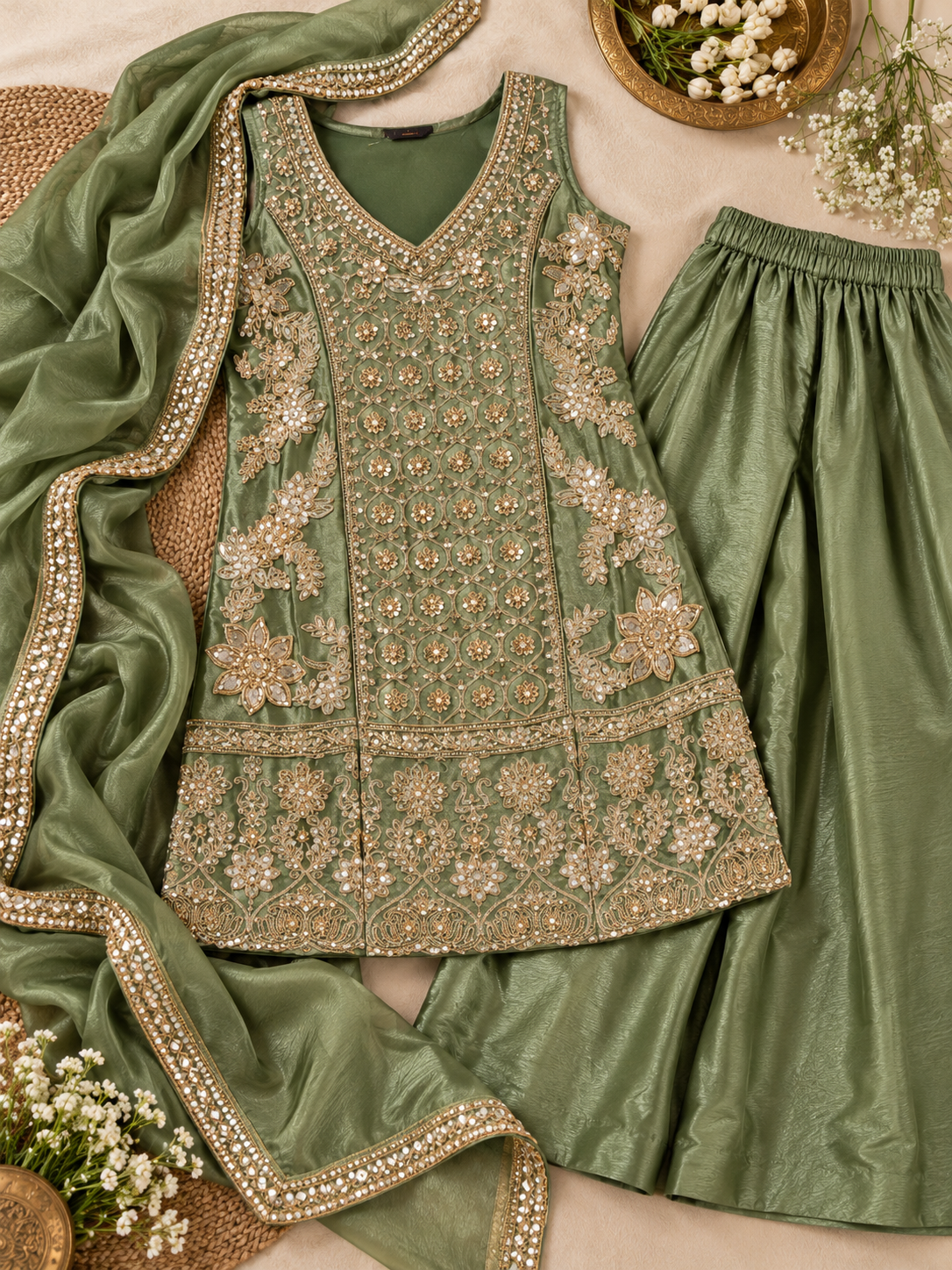 Olive Green Zari & Sequin Embroidered Palazzo Suit Set
