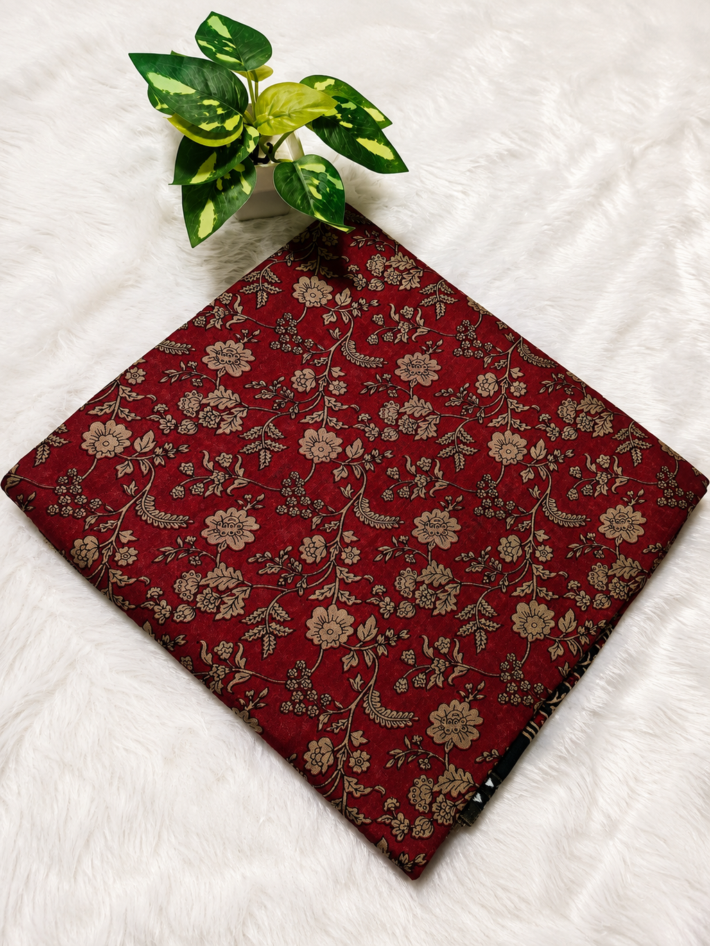 Mul Cotton Saree — Maroon Ajrakh Block Print with Bottle Green Border | With Blouse Piece