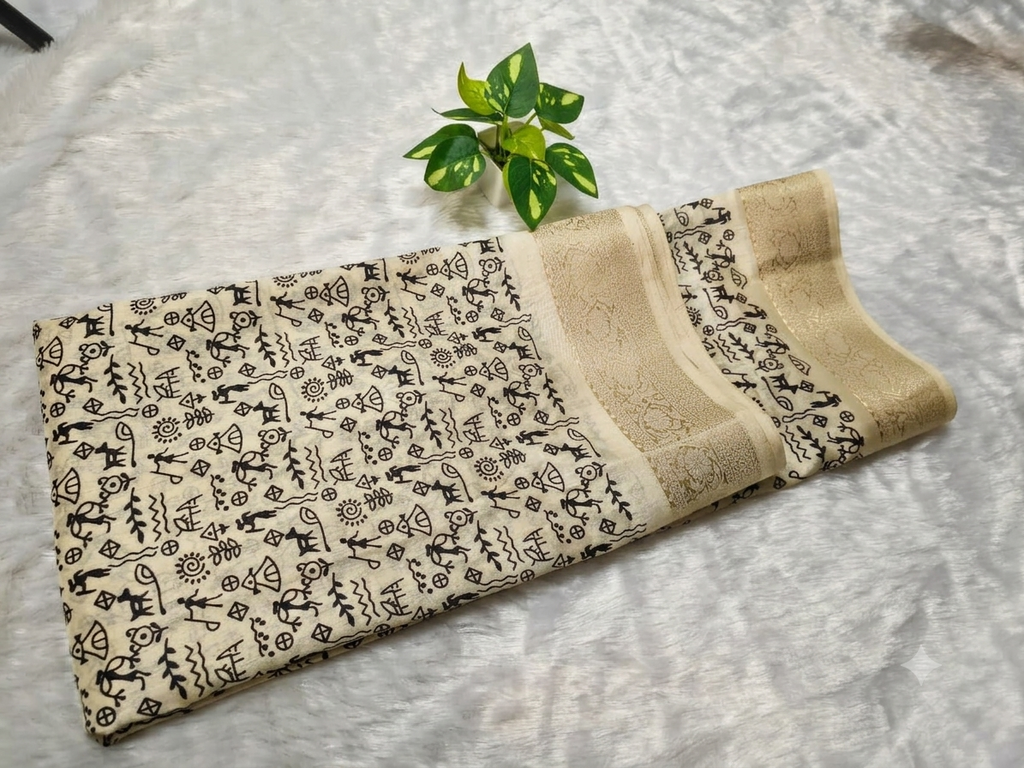 Warli Print Modal Silk Saree — Cream | Gold Zari Border | Tribal Folk Art