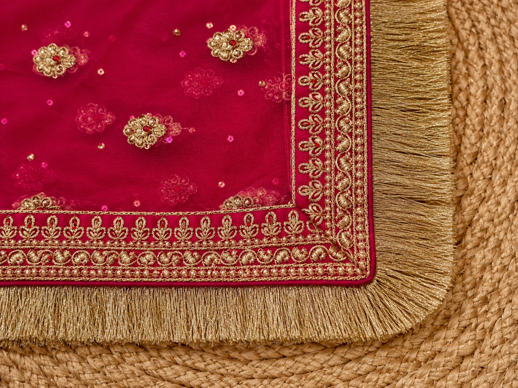 Magenta Pink Zardozi Bridal Dupatta — Handcrafted Net Dupatta with Gold Embroidery & Fringe