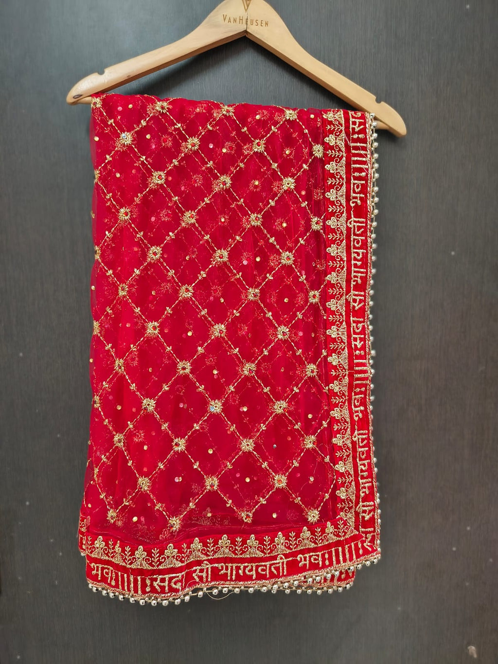 Red Bridal Net Dupatta with Gold Zardozi Jaal Work | Sada Saubhagyavati Bhava Sanskrit Border | Wedding Dupatta with Ghungroo Lace | 2.5m