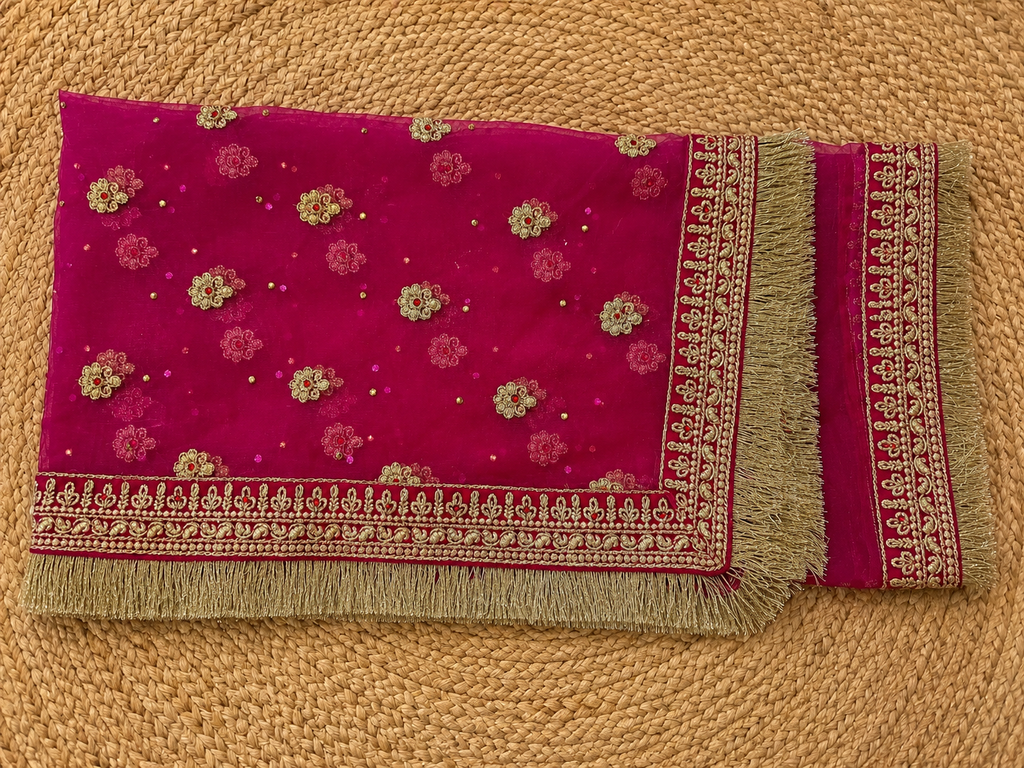 Magenta Pink Zardozi Bridal Dupatta — Handcrafted Net Dupatta with Gold Embroidery & Fringe