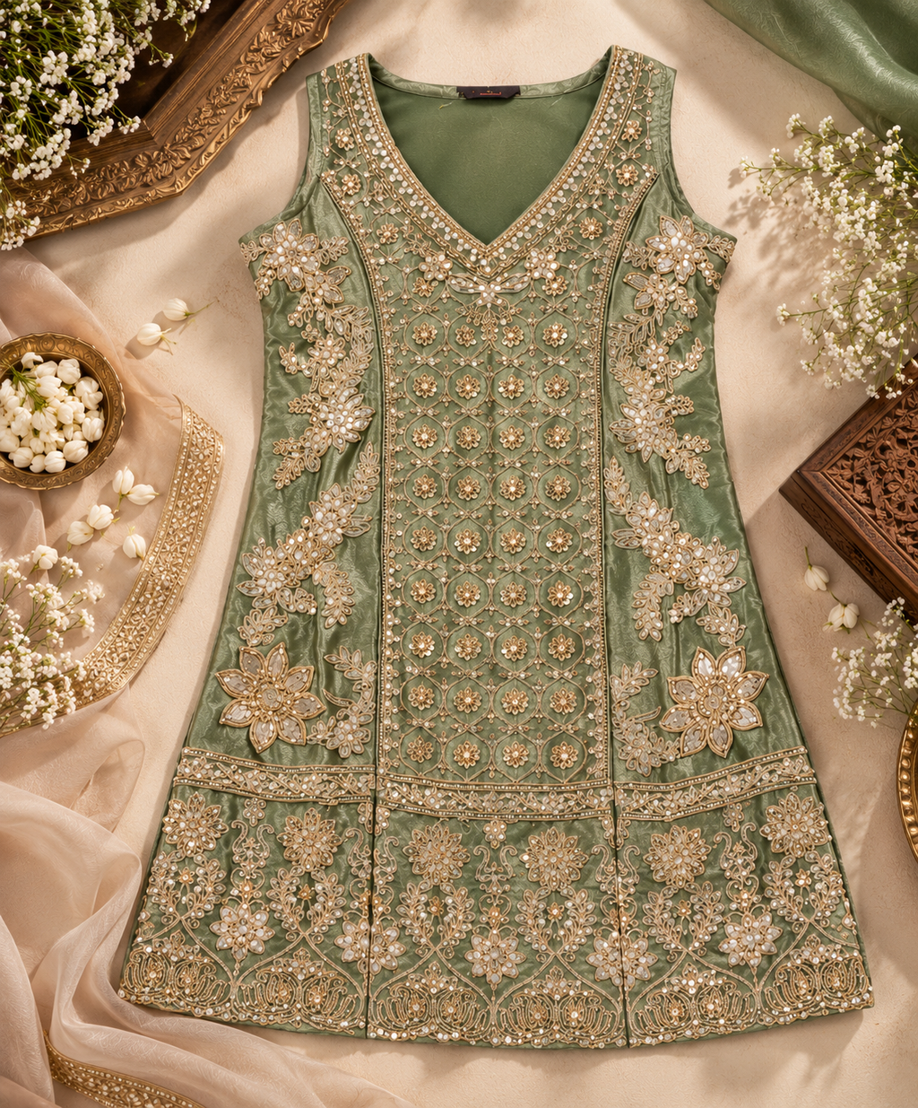Olive Green Zari & Sequin Embroidered Palazzo Suit Set